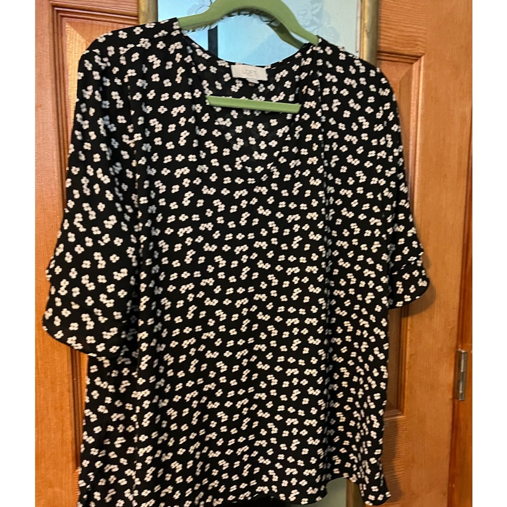 Loft Black and Cream blouse with flutter type sleeves